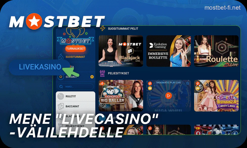 klikkaa Mostbet verkkosivuston ”Live Casino”-välilehteä