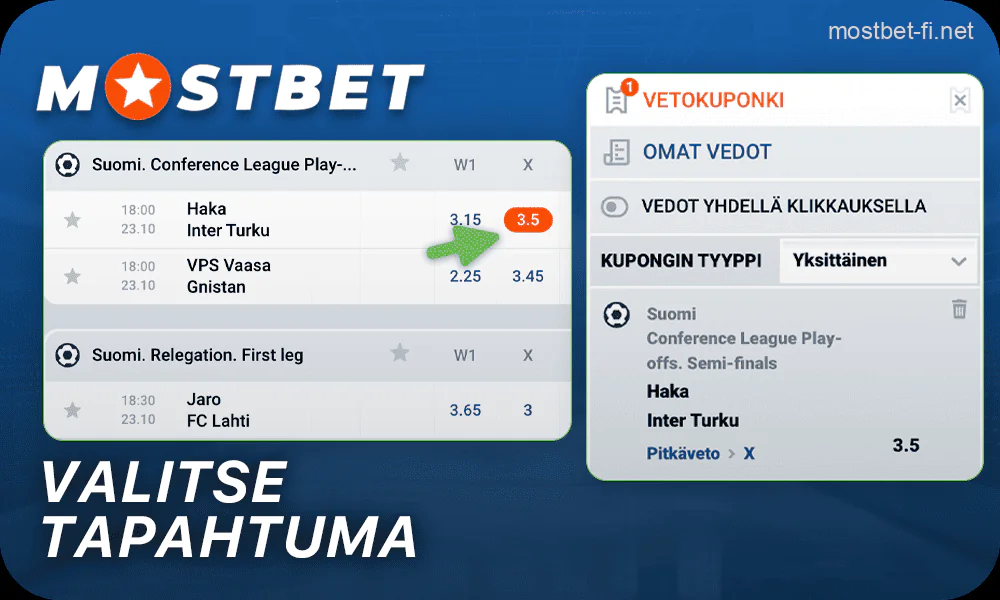 Valitse urheilumarkkinat ja kertoimet Mostbet verkkosivustolta