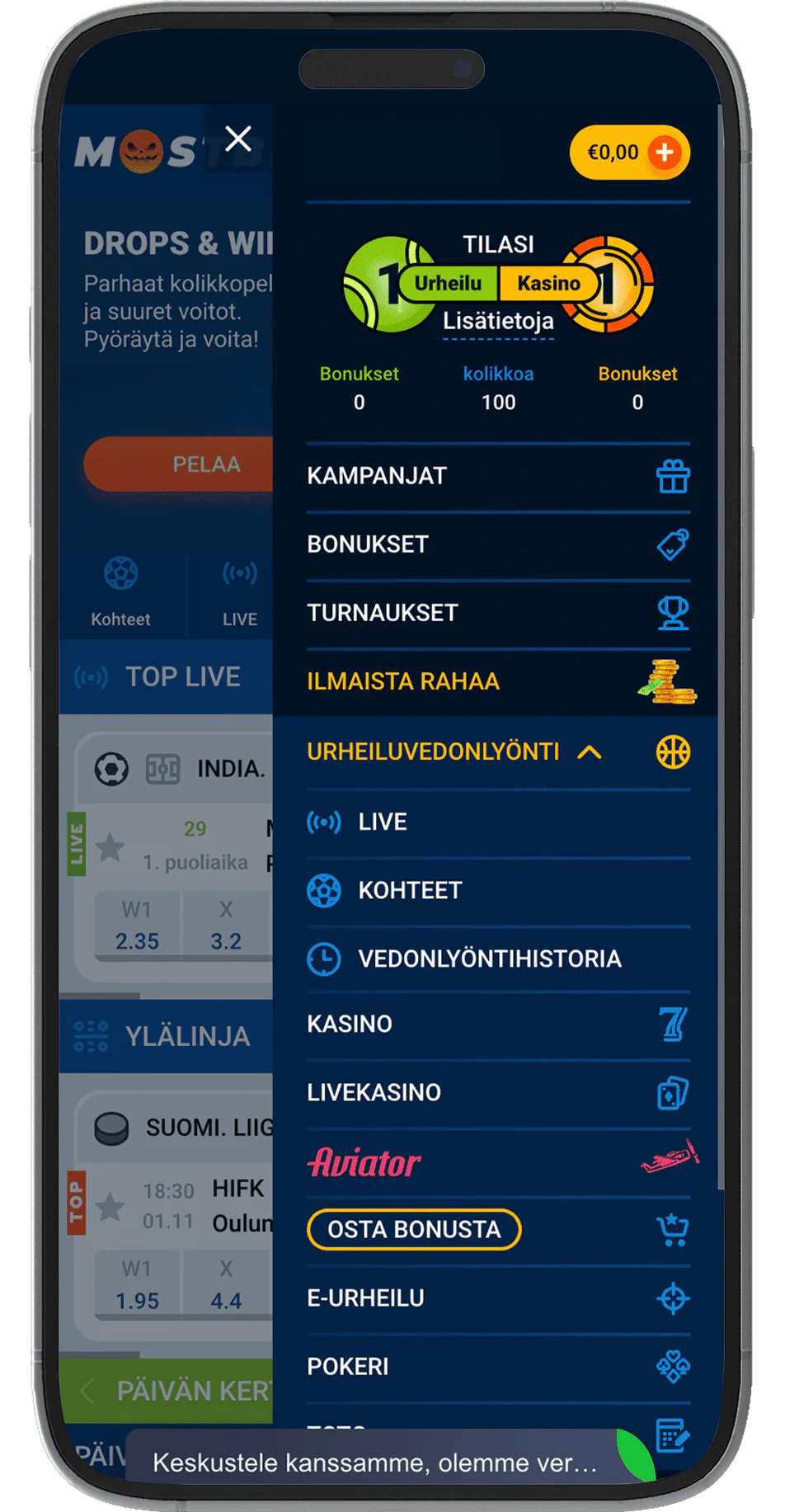 Kuvakaappaus Mostbet-sovellusvalikosta