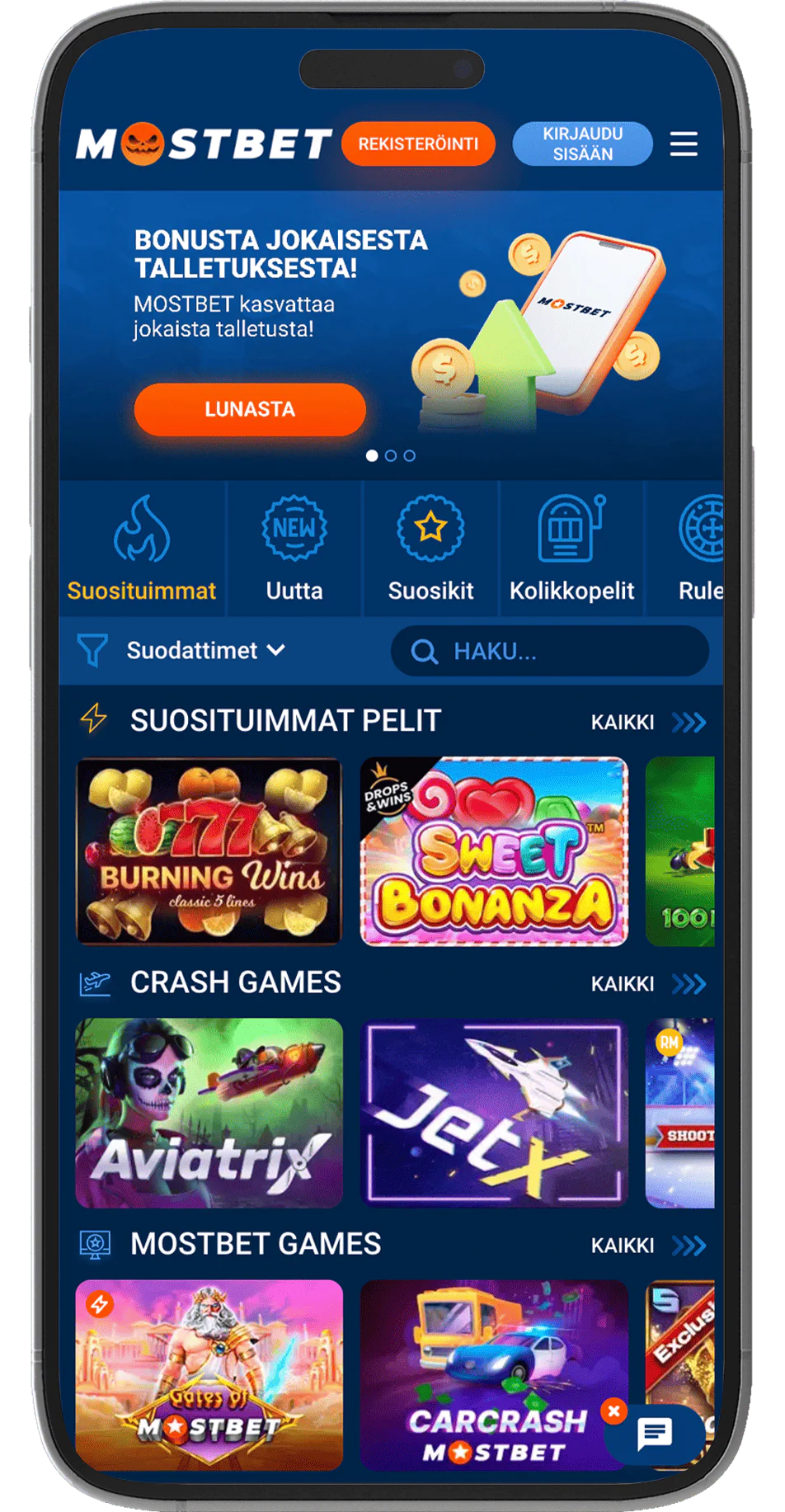 Kuvakaappaus Mostbet Casino-sovelluksen sivulta