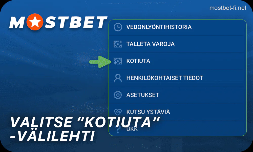 Valitse Mostbet-sivuston valikosta välilehti ”Withdrawal”