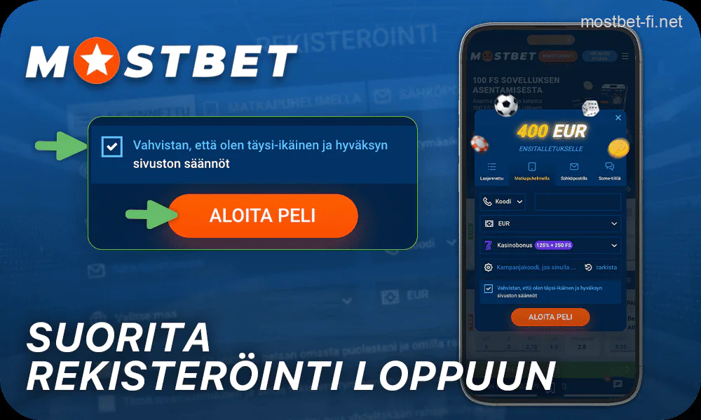 Hyväksy ehdot ja viimeistele rekisteröitymisesi Mostbet